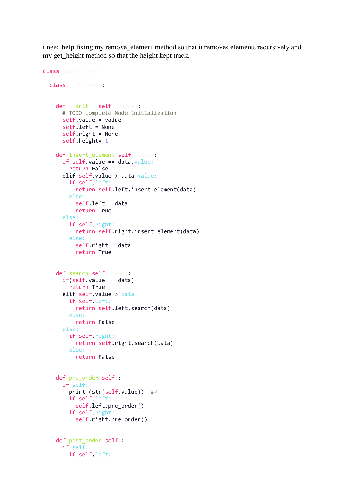 Preview image of fixing my remove_element method so that it removes elements recursively and my get_height method so that the height kept track document